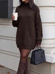 Unadoll Women's Brown High Neck Knitted Sweater, Elegant Basic Style, Suitable For Back To School Season And Daily Wear - Brown - View 7