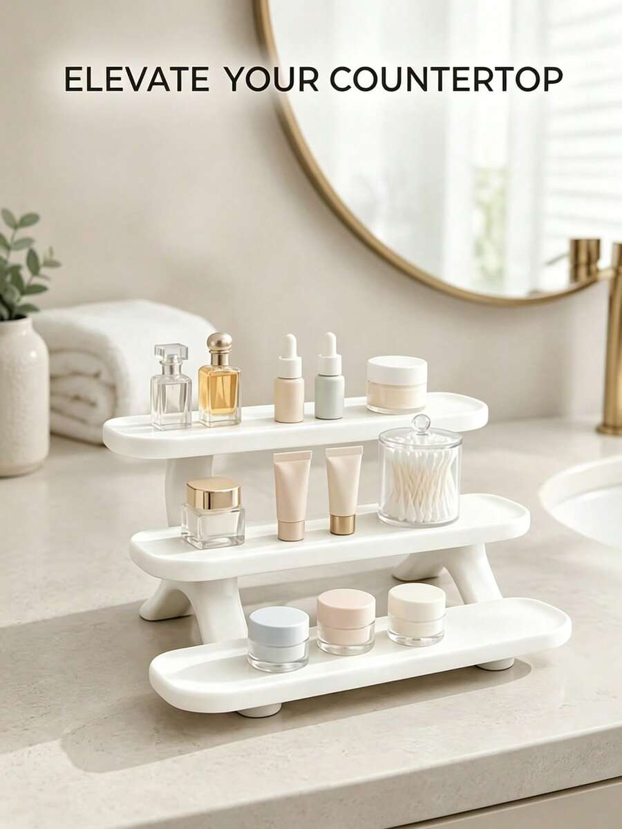 1pc Jewelry Storage Tray, 3-Tier Plastic Layered Storage Rack, Cosmetic Desktop Display Stand, Suitable For Bedroom, Bathroom, Vanity, Living Room, Office, Home Storage, Bathroom Accessories, Kitchen Accessories, Decorative Ornament, Halloween, Christmas Gift Best Choice For Friends