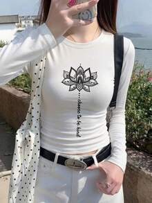 New Gen Z Y2K Short Long Sleeve T-Shirt Women's Design Print Spring Autumn Korean Style Round Neck Versatile Casual Slim Fit Top - White - View 2