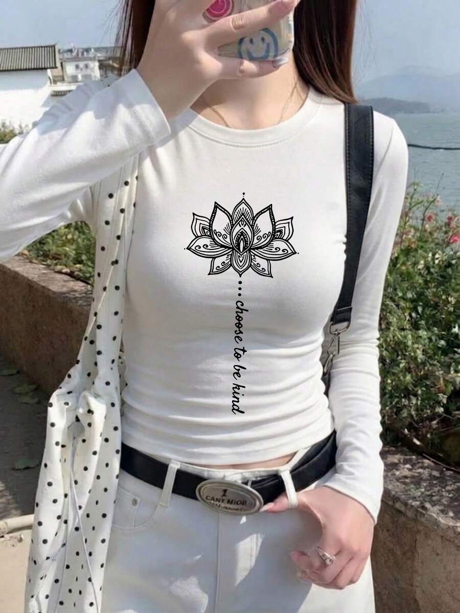 New Gen Z Y2K Short Long Sleeve T-Shirt Women's Design Print Spring Autumn Korean Style Round Neck Versatile Casual Slim Fit Top - White - View 1
