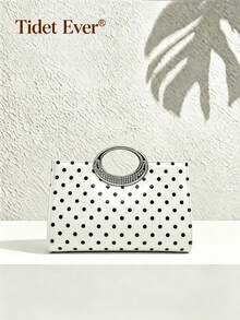 Women's White Polka Dot Patent Leather Handle Clutch Bag, Rhinestone Oval Frame Mini Handbag, Evening Bag, Suitable For Weddings, Parties And Daily Occasions - White - View 1