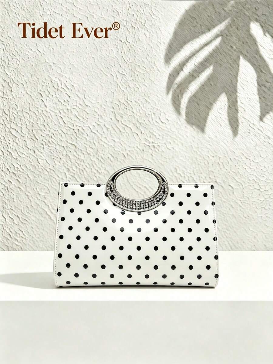Women's White Polka Dot Patent Leather Handle Clutch Bag, Rhinestone Oval Frame Mini Handbag, Evening Bag, Suitable For Weddings, Parties And Daily Occasions - White - View 1