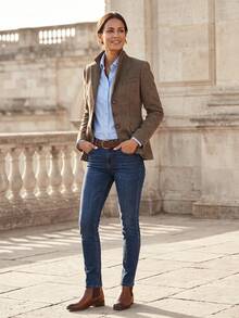 Urban Retro Elegant Minimalist Commuter Herringbone Long Sleeve Jacket With Pockets And Lining For Women, Suitable For Street, Office, Commuting, Holidays, Weekend Getaways - Dark Brown - View 7