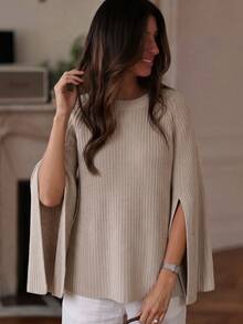 Plus Size Women's Fashion Vacation Knit Top With Slit Cuffs And Round Neck, Versatile - Beige - View 4