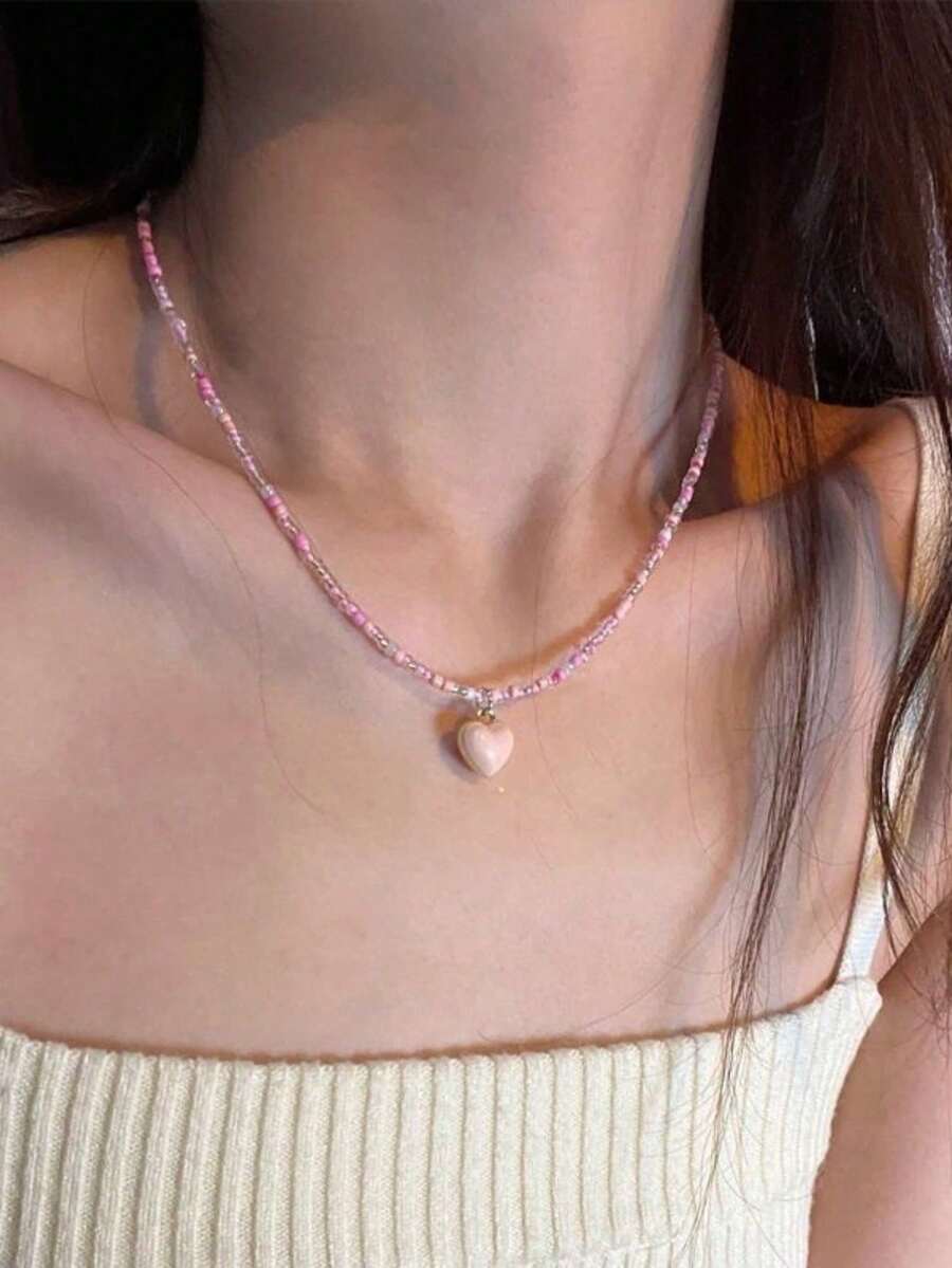 Mori Style Candy Color Heart Beaded Necklace For Women, Ins Cute Sweet Elegant Collarbone Chain, 1pc (Bead Color Random) - Pink - View 1