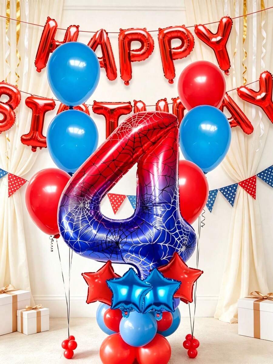 Spider Themed Balloon Set, Includes Web Pattern Number Balloon, Happy Birthday Letter Balloons & Star Balloons, For Kids Birthday Decor, Cosplay Party And Birthday Party Supplies - View 1