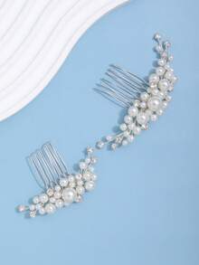 2pcs Pearl Minimalist Versatile Bridal Hair Combs Hair Accessories Suitable For Wedding And Daily Occasions - Silver - View 4