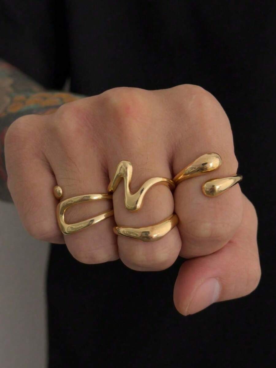 4pcs/Set Casual Minimalist Geometric Liquid Teardrop Metal Ring Set, Fashionable Punk Charm Jewelry For Men - Teardrop Ring - View 1