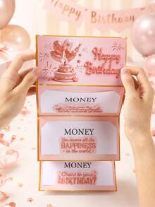 生日紙製現金禮物收納袋，驚喜現金信封，適合男女生日禮物卡，粉金色玫瑰金現金收納袋 - 粉紅金 - 查看 5