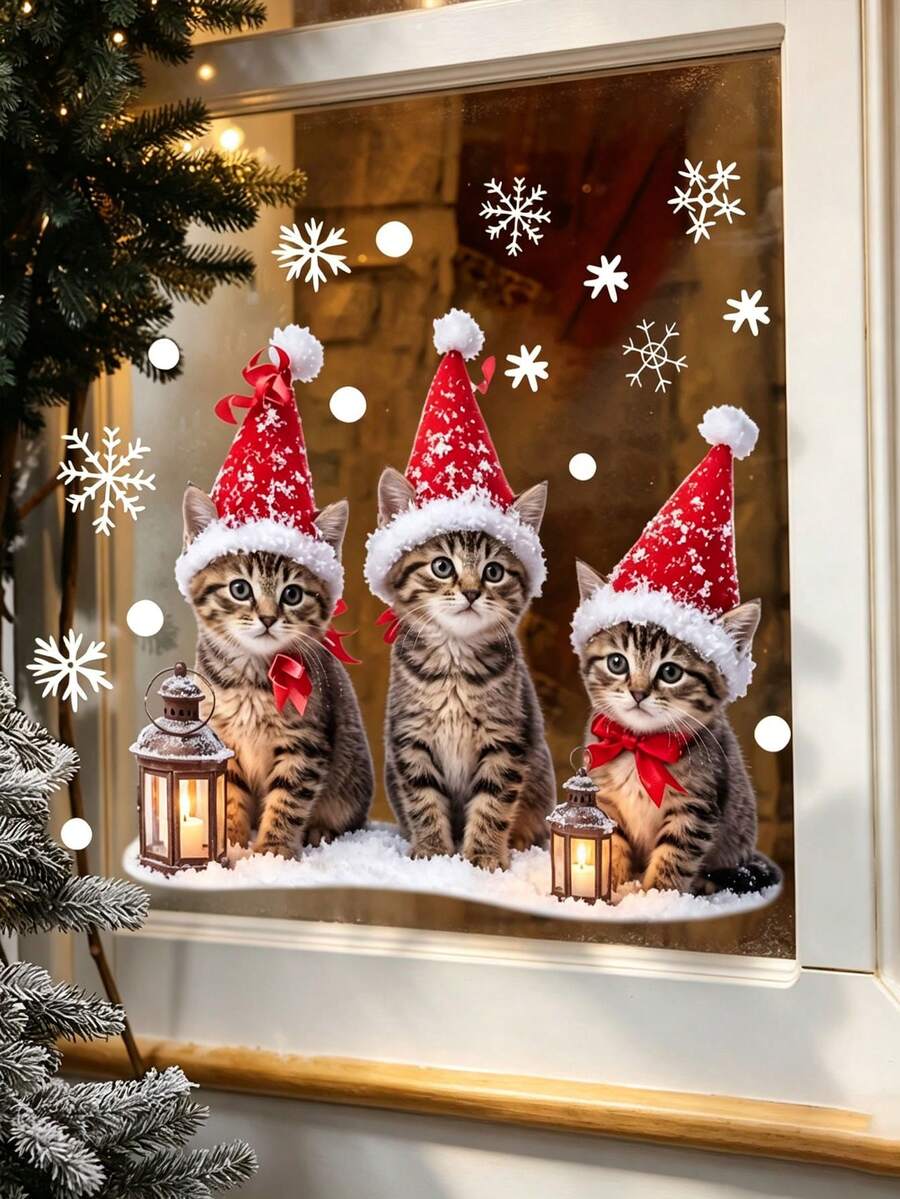 Cute Christmas Hat Kitten Glass Sticker, Electrostatic Adsorption Window Decal, Reusable Decorative Sticker With Snowflake And Lantern Pattern, Suitable For Home, Pet Store, Cafe, Indoor Christmas Winter Holiday Window Decoration - Multicolor - View 1