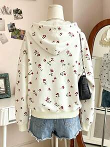 青少年女孩米色連帽衛衣，滿版紅色花卉與California Los Angeles字母印花寬鬆套頭衫 - 彩色 - 查看 2
