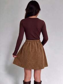 Tween Girls Tween Girl Autumn/Winter Brown Corduroy Button Decor A-Line Pastoral Versatile All-Match Casual Skirt - Khaki - View 2