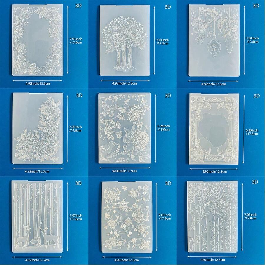 Bảng dập nổi 3D họa tiết Giáng Sinh mùa đông cây thông bông tuyết tuần lộc hoa, khuôn dập nổi nhựa dùng cho DIY scrapbooking, làm thiệp chúc mừng và trang trí thủ công giấy