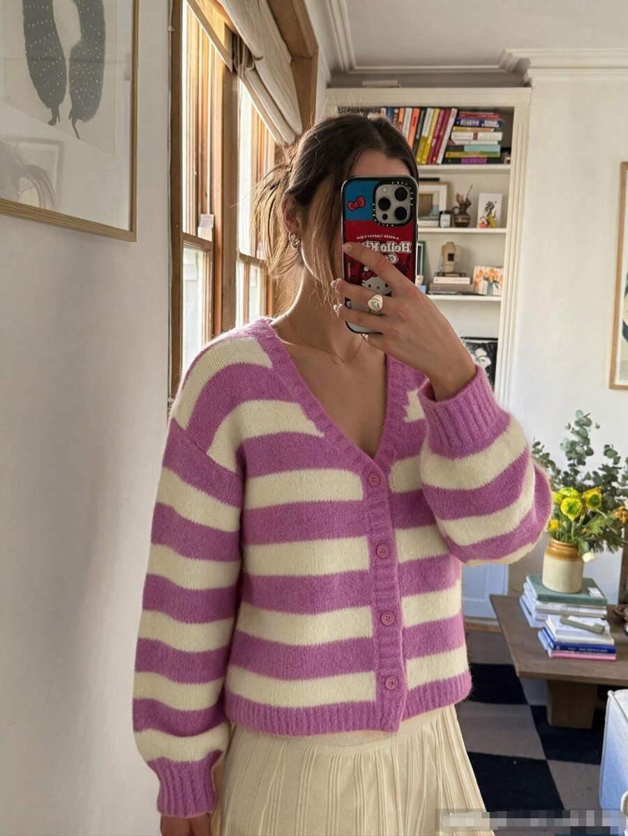 Soft Pink & White Striped Knit Cardigan, V-Neck Single-Breasted Loose Slimming Sweater - Multicolor - View 1