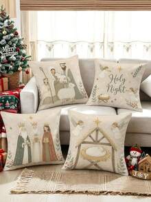 4pcs/1pc Nativity Scene Christmas Throw Pillow Covers, Holy Night Jesus Birth Pattern Cushion Covers, Christmas Home Decor, Room Decor, Home Decor, Christmas Decorations For Sofa Bedroom Living Room, Pillow Insert Not Included - Multicolor - View 2