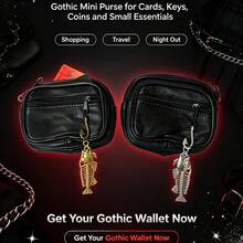 Túi đựng nhiều ngăn phong cách Gothic tối màu, ví đen kèm móc treo mặt dây chuyền khung xương cá kim loại, túi đựng thẻ kéo khóa cầm tay, túi tổ chức đựng cáp dữ liệu và son môi, phụ kiện thời trang đường phố cho đi chơi hàng ngày và du lịch - Nhiều màu - Xem 9
