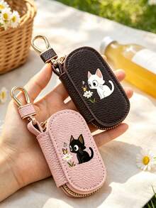 Black Cat Cartoon Cute Key Pouch, Cartoon Cute Car Remote Key Bag, Matching Cat Pendant, Zipper Closure, Unisex Multi-Function Car Key Storage Bag, Portable Coin Purse, Pendant Wrist Strap Keychain, Solid Color Minimalist Lychee Texture Women's Lychee Texture Key Bag, Universal Car Key Bag, Large Capacity Lightweight Home Key Bag, Ideal Gift For Cat Lovers, Can Be Used As Birthday Gift, Graduation Gift - Multicolor - View 1