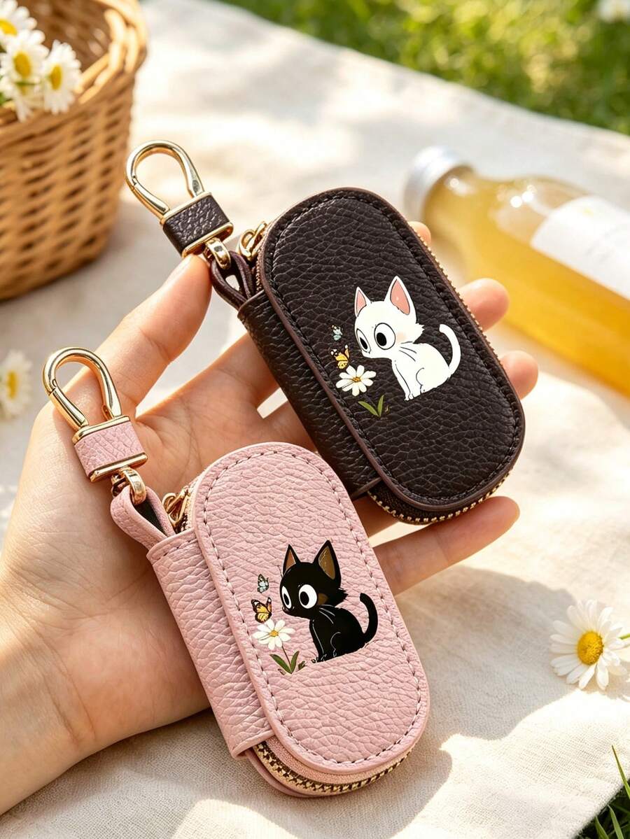 Black Cat Cartoon Cute Key Pouch, Cartoon Cute Car Remote Key Bag, Matching Cat Pendant, Zipper Closure, Unisex Multi-Function Car Key Storage Bag, Portable Coin Purse, Pendant Wrist Strap Keychain, Solid Color Minimalist Lychee Texture Women's Lychee Texture Key Bag, Universal Car Key Bag, Large Capacity Lightweight Home Key Bag, Ideal Gift For Cat Lovers, Can Be Used As Birthday Gift, Graduation Gift - Multicolor - View 1