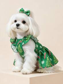 1pc Dog & Cat Mesh Wedding Dress With Bow, Cute Fashion Elegant Charming Creative Personalized Design Printed Pet Dress - Multicolor - View 3