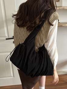 1pc Black Corduroy Drawstring Ruched Tote Bag, Large Capacity Casual Shoulder Bag, Vintage Slouchy Bohemian Handbag, Suitable For Women's Commute And Daily Use - Black - View 7