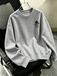 大尺碼女款圓領運動衫，雙面黑色玫瑰印花，休閒簡約，秋冬上衣，大尺碼運動衫 - 灰色 - 查看 2