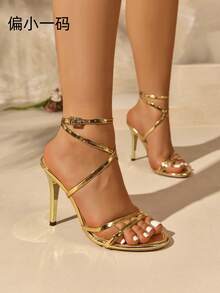 Women's Sexy Lightweight Criss-Cross Strappy Rhinestone Buckle Decor Summer Nightclub Style Versatile Open Toe Formal Ultra High Heels (Runs Small) - Gold - View 2