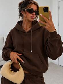 Unisex Solid Color Thermal Lined Loose Fit All-Match Sweatshirt With Pockets And Drawstring Long Sleeve Sweatshirt, INS Style Sport Sweatshirt, Machine Washable - Brown - View 1