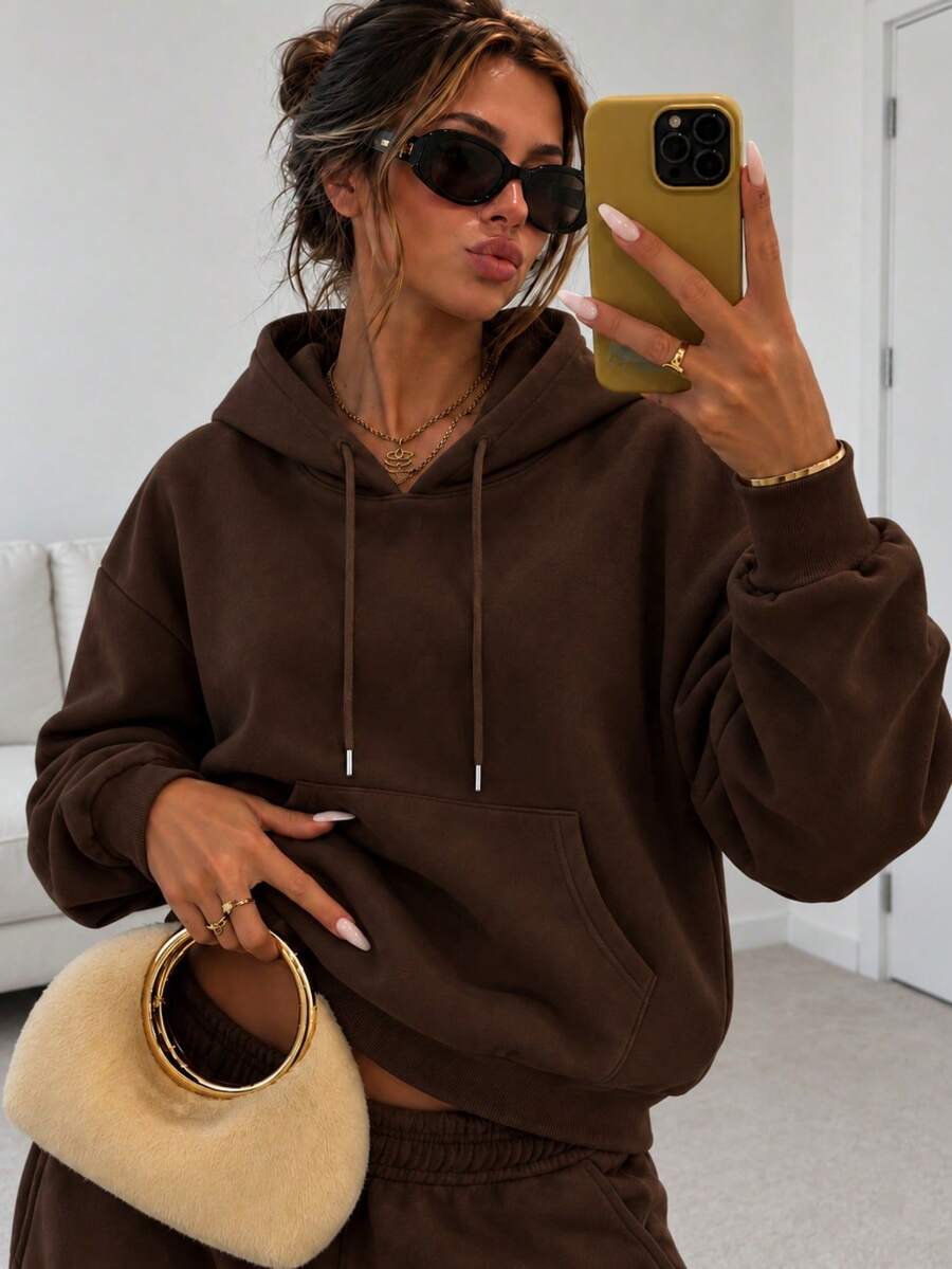 Unisex Solid Color Thermal Lined Loose Fit All-Match Sweatshirt With Pockets And Drawstring Long Sleeve Sweatshirt, INS Style Sport Sweatshirt, Machine Washable - Brown - View 1