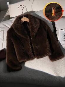 Flickors vintage djupt brun oversized kort jacka med slag i konstpäls av räv, lös förtjockad fluffig krage, kappa för höst/vinter - Kaffebrun - Visa 9
