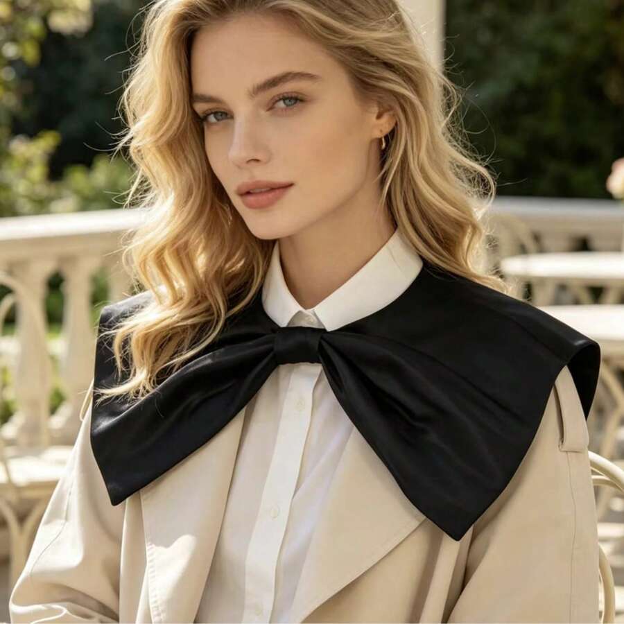 1pc French Style Satin Large Bow Detachable Collar, Versatile Shawl Collar Shirt Dress Accessory, Fake Collar For Daily Wear