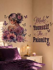 1pc Bohemian Floral Butterfly Wall Sticker, Self-Care Positive Quote Wall Decal With Elegant Woman Portrait, Self-Adhesive Art Mural For Bedroom Living Room Wall Decor, Bohemian Woman With Purple Flowers Butterfly Wall Sticker, Removable Self-Adhesive Inspirational Quote Wall Mural For Bedroom Living Room Home Art Decor - D - View 4