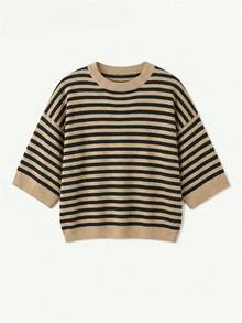 Women's New Autumn Contrast Color Striped Knit Top, Casual Daily Commute College Style - Khaki and Black - View 9