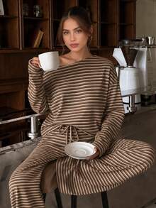 Women's Autumn/Winter Casual Commute Style Brown Striped Loose 2 Pieces Set, Outdoor, Sports, Back To School - Brown - View 9