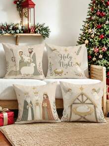 4pcs/1pc Nativity Scene Christmas Throw Pillow Covers, Holy Night Jesus Birth Pattern Cushion Covers, Christmas Home Decor, Room Decor, Home Decor, Christmas Decorations For Sofa Bedroom Living Room, Pillow Insert Not Included - Multicolor - View 1