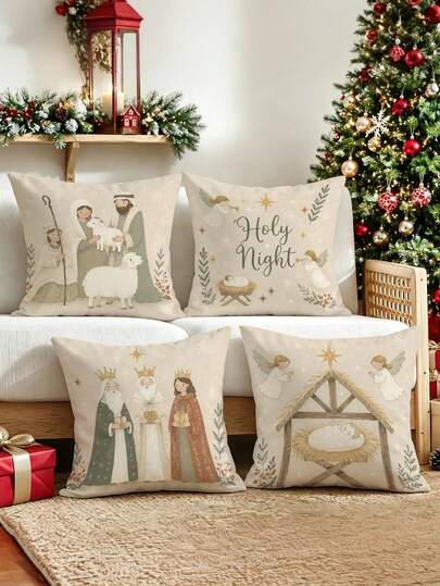 4 buah/1 buah Sarung Bantal Dekorasi Rumah Natal Gaya Vintage - Dicetak dengan Motif Santa Claus, Pohon Natal, dan Lonceng Natal; Ukuran 18x18 Inci; Cocok untuk Dekorasi Ruangan, Dekorasi Kamar Tidur, Dekorasi Ruang Tamu, Sofa, Dekorasi Pesta Natal, dan Dekorasi Rumah Gaya Rumah Pertanian Musim Dingin (Isi Bantal Tidak Termasuk)