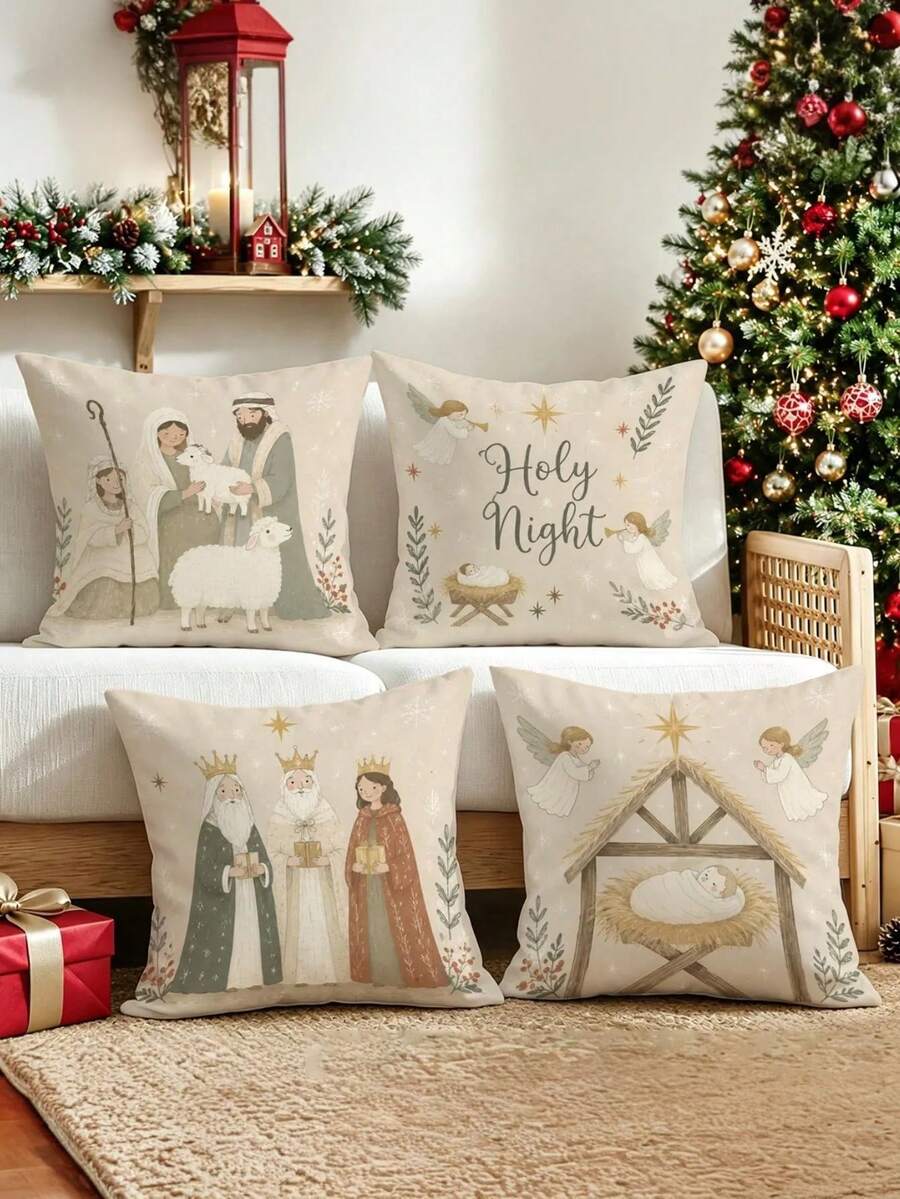 4pcs/1pc Nativity Scene Christmas Throw Pillow Covers, Holy Night Jesus Birth Pattern Cushion Covers, Christmas Home Decor, Room Decor, Home Decor, Christmas Decorations For Sofa Bedroom Living Room, Pillow Insert Not Included - Multicolor - View 1