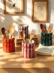 1pc Dual-Color Striped Ceramic Storage Jar, Tableware Organizer, Chopstick Holder, Suitable For Kitchen Storage, Tableware Storage, Home Decor, Back To School Supplies, Holiday Gifts - Multicolor - View 3