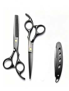 3pcs/Hair Clipper Set - Black & Gold Professional Hairdressing Scissors 3 Pieces Set, Straight Scissors + Thinning Scissors + Razor, Suitable For Home Haircutting And Salon Styling, Beginners Can Easily Create Exquisite Hairstyles, Manual Hair Trimming, Eyebrow Shaping And Face Shaving, Foldable For Home Use - Multicolor - View 9