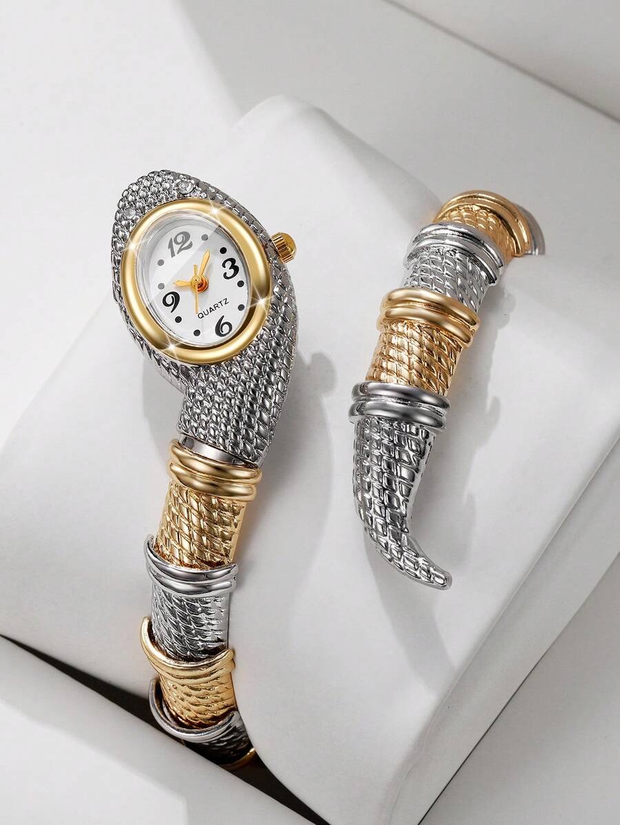 Đồng hồ thạch anh thiết kế độc đáo đầu rắn cho nữ, vòng tay cuff hở vân vảy rắn, đồng hồ thạch anh sáng tạo, quà tặng cho bạn gái (1 chiếc/bộ), không kèm hộp đồng hồ - Nhiều màu - Xem 1