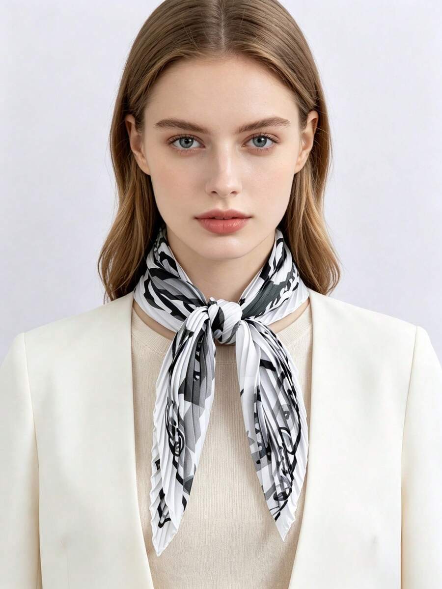 1pc New Vintage Luxury Abstract Zebra Print Chain Pleated Silk Scarf, Satin Pointed Triangular Scarf, Commuter Outfit Bag Decoration Small Scarf - Multicolor - View 1