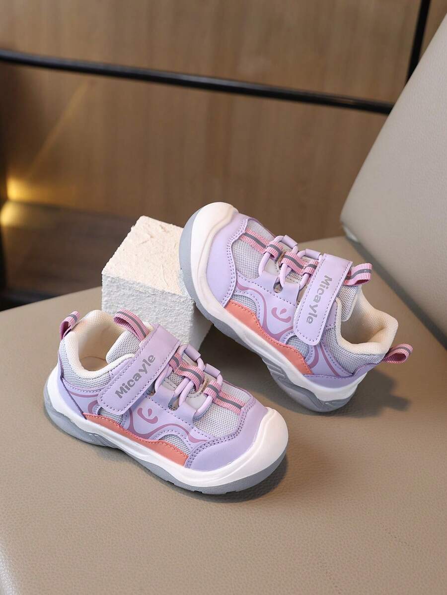 1pair Unisex Toddler Mesh Sneakers, Cute Smile Pattern Hook And Loop Strap Lightweight Non-Slip Soft Sole Sport Shoes For Daily Walking - Purple - View 1