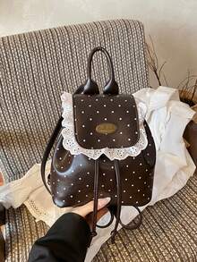 1pc Girls Polka Dot PU Drawstring Closure Vintage Backpack Suitable For All Seasons Daily Use - A - View 9