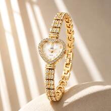 1pc Women's Gold Heart-Shaped Rhinestone Dial Arabic Numeral Display Wrist Watch Fashion Convenient Quartz Watch - Style 2 - View 1