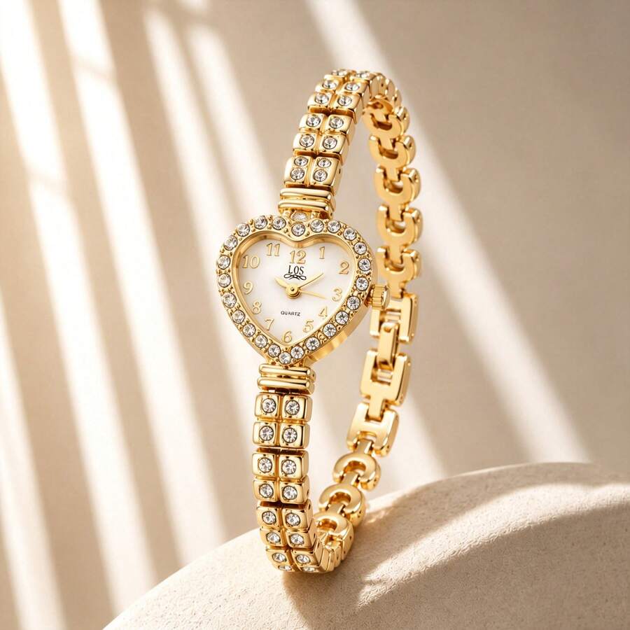 1pc Women's Gold Heart-Shaped Rhinestone Dial Arabic Numeral Display Wrist Watch Fashion Convenient Quartz Watch - Style 2 - View 1