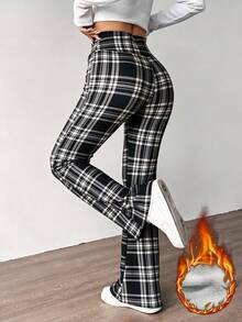 Women's Winter Warm Thickened Leggings, Fleece Lined, Elastic Soft, High Waist Flare Pants, Suitable For Cold Weather - Black and White - View 6