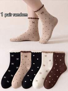 1/5 Pairs Women's Sweet Heart Bow Mid-Calf Socks, Soft & Breathable, Personalized, Preppy Style, Suitable For Home, Commute, Holiday Gifts - Multicolor - View 8