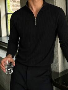 Men's Spring/Autumn Fashion Minimalist Striped Slim Fit Regular Shoulder Zip Collar Long Sleeve Knit Polo Shirt T-Shirt - Black - View 1