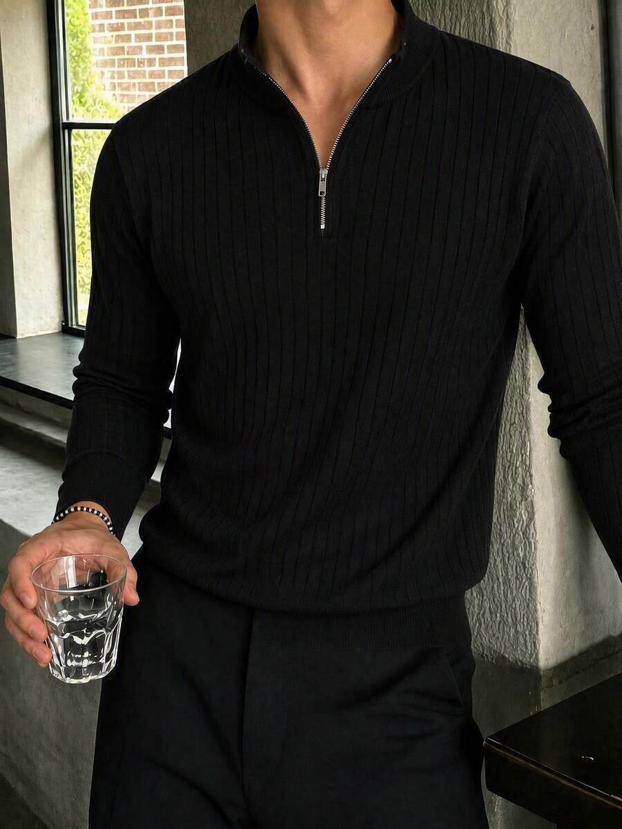 Men's Spring/Autumn Fashion Minimalist Striped Slim Fit Regular Shoulder Zip Collar Long Sleeve Knit Polo Shirt T-Shirt - Black - View 1