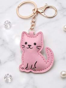 4 Colors Available: Brown/Beige/Pink/Grey, Cute PU Leather Cat Keychain, Cartoon Novelty Cat Bag Charm, Women's Car Key Accessory, Fun Gift For Family And Friends - Multicolor - View 15