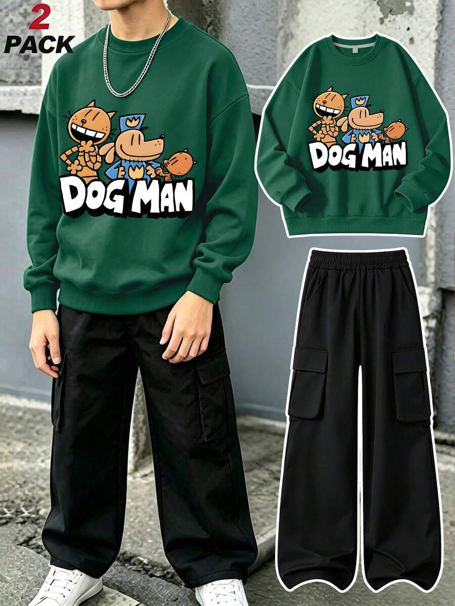 2pcs/Set Crew Neck Sweatshirt & Cargo Pants Outfit For Boys, Cartoon Dog Print Crew Neck Sweatshirt & Cargo Pants Matching Set, Suitable For Autumn/Winter Daily Wear - Multicolor - View 1